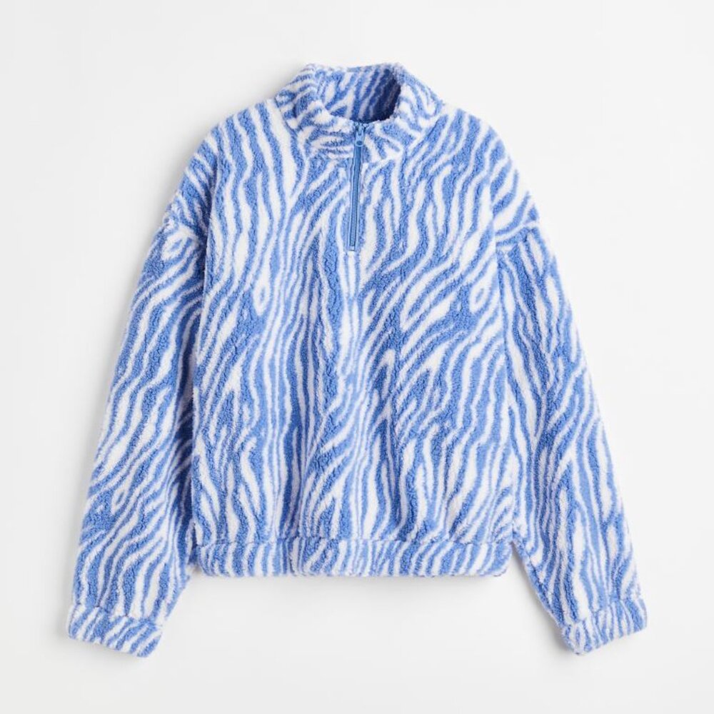 NEW H&M  Zebra Fleece top Baby Blue Pockets! Half Zip  Warm & Toasty  XL So Cute